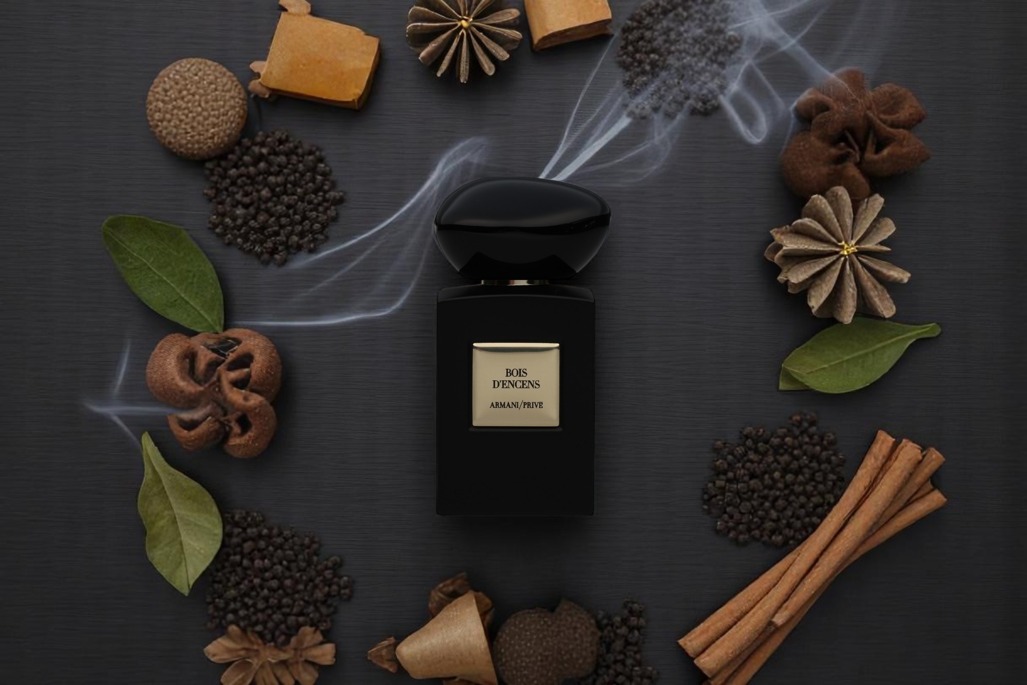 A composition of earthy ingredients circle the product with a wisp of smoke in the background.