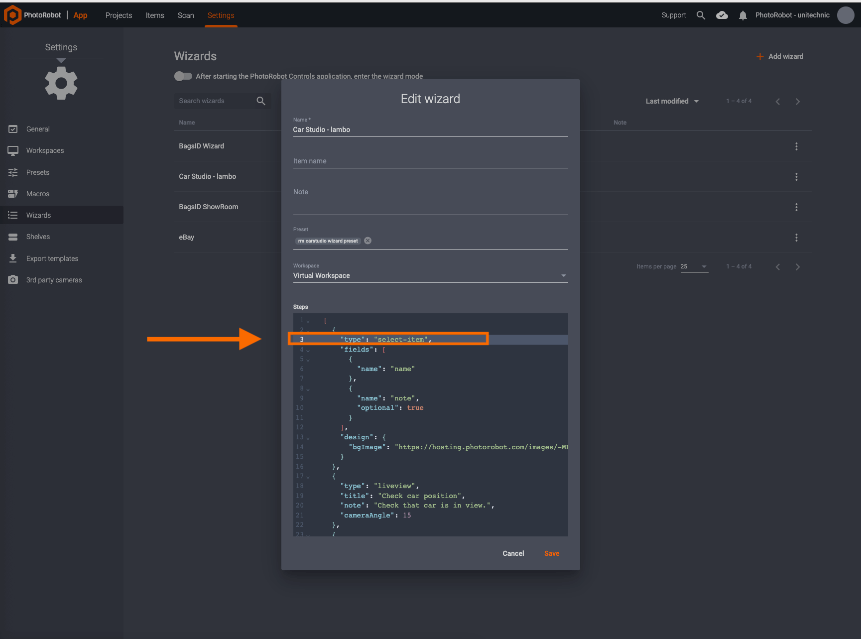 Change item for PhotoRobot Wizard