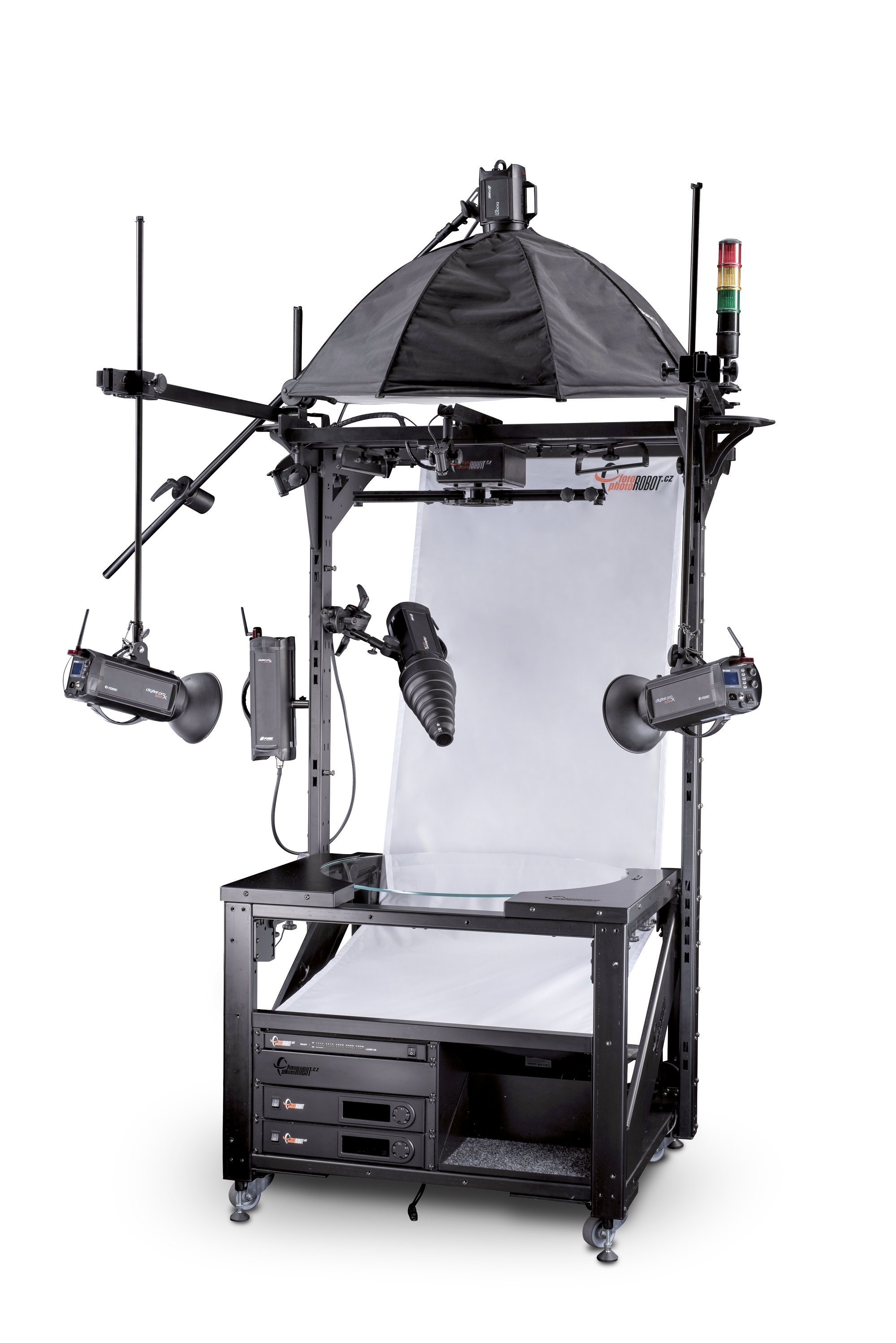 Photography turntable with glass plates, lights, background.