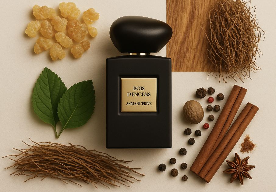 A real photo of Bois D’Encens by Armani/Prive becomes an AI-generated product image and background.